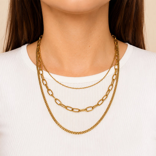 Ayla Triple Layer Necklace gold stainless steel on model — Tamola Jewellery