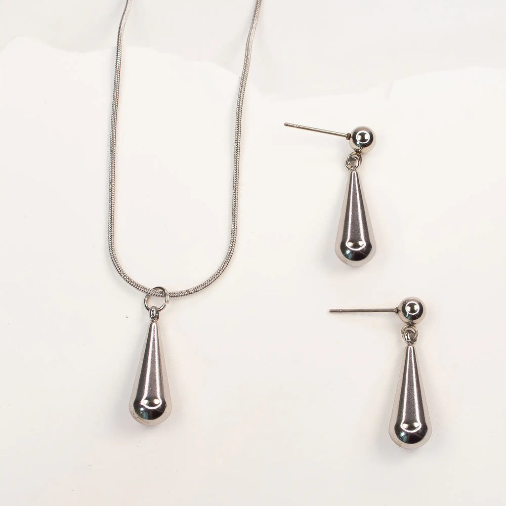 Celeste Teardrop Jewellery Set silver stainless steel necklace and earrings — Tamola Jewellery