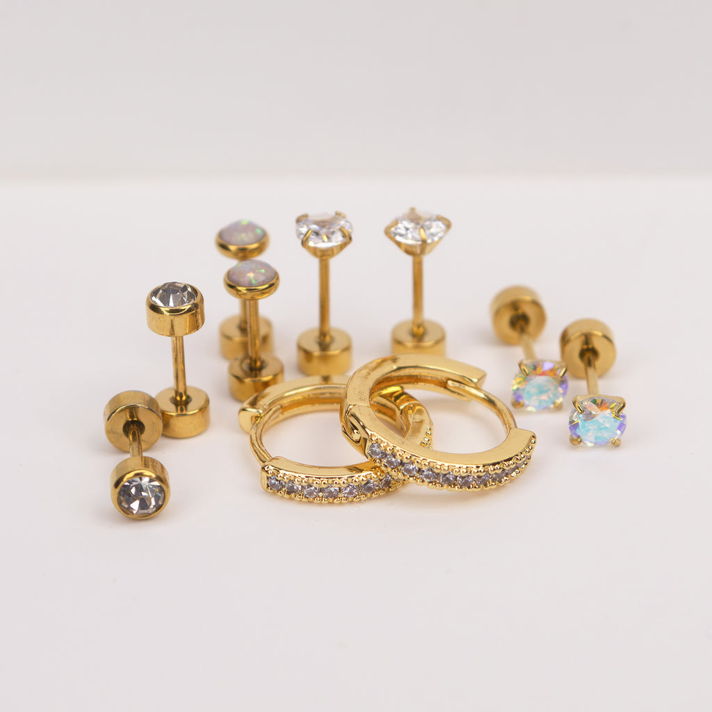 Lumiere Piercing Stack zircon studs and hoops gold stainless steel — Tamola Jewellery