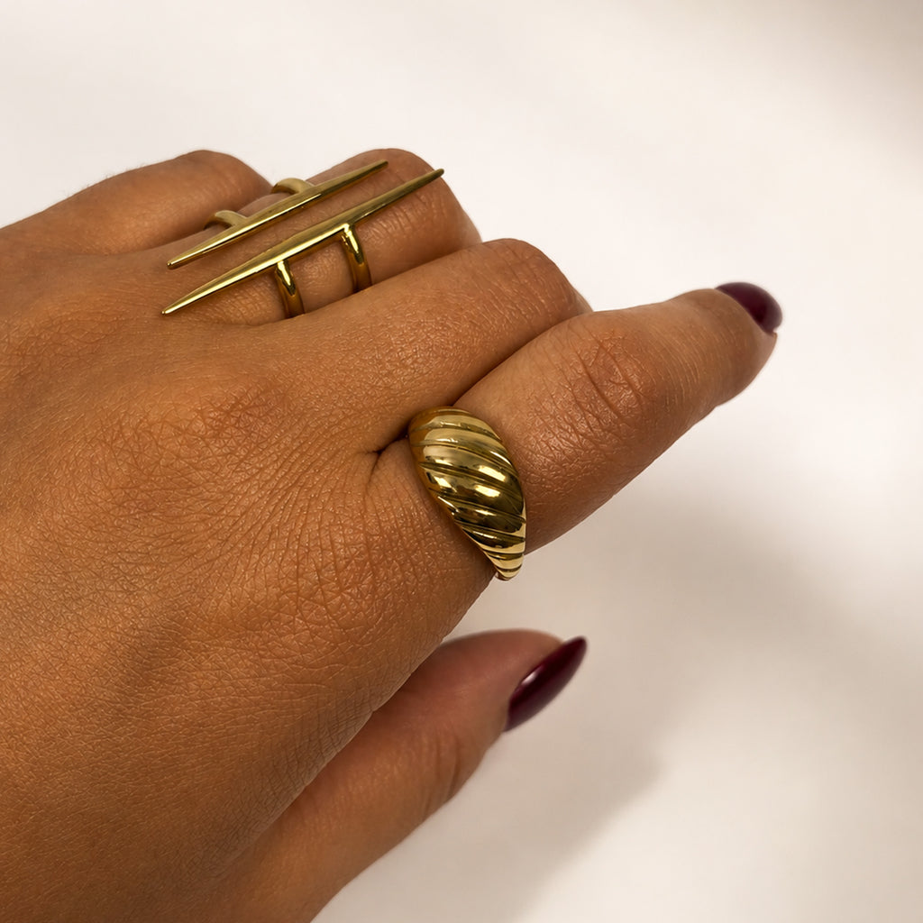 Camille Sculptural Dome Ring gold stainless steel on model hand — Tamola Jewellery