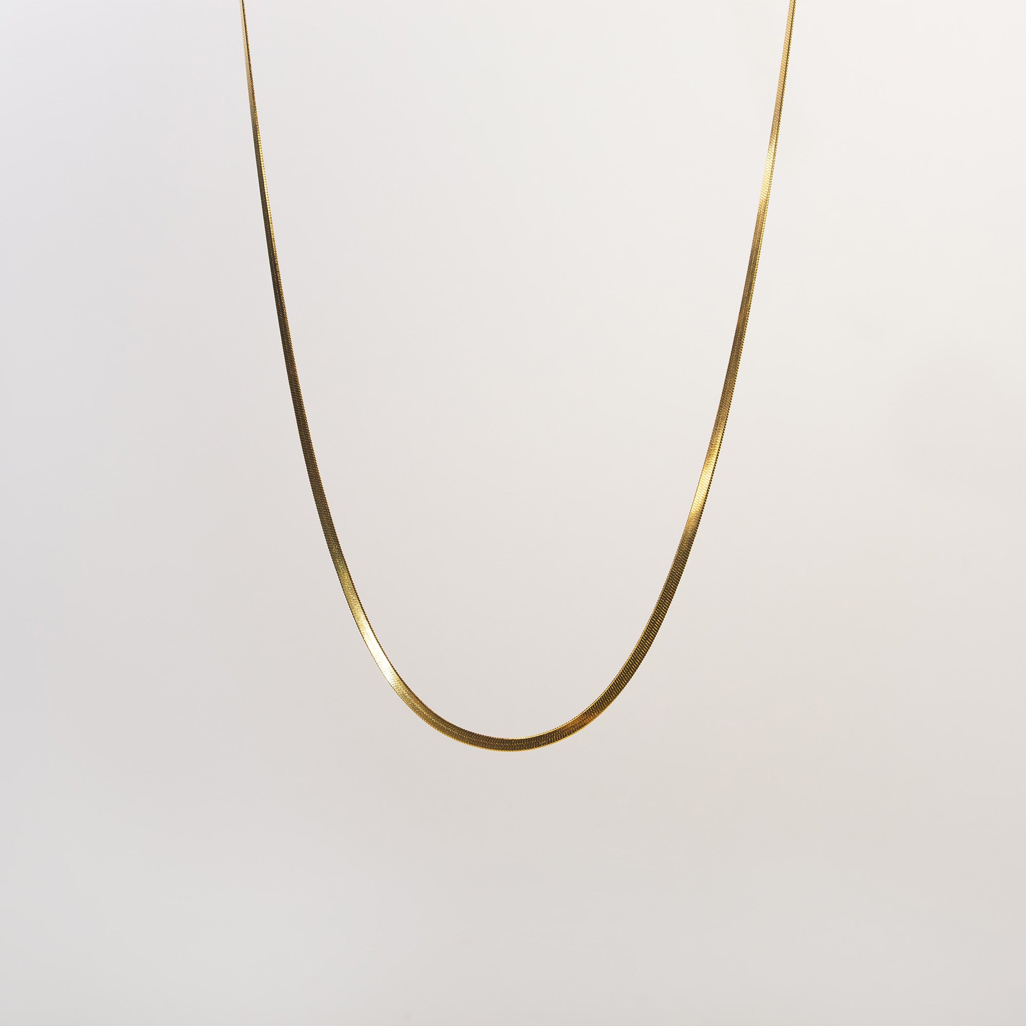 Saga Flat Snake Chain Necklace gold stainless steel on model neck — Tamola Jewellery