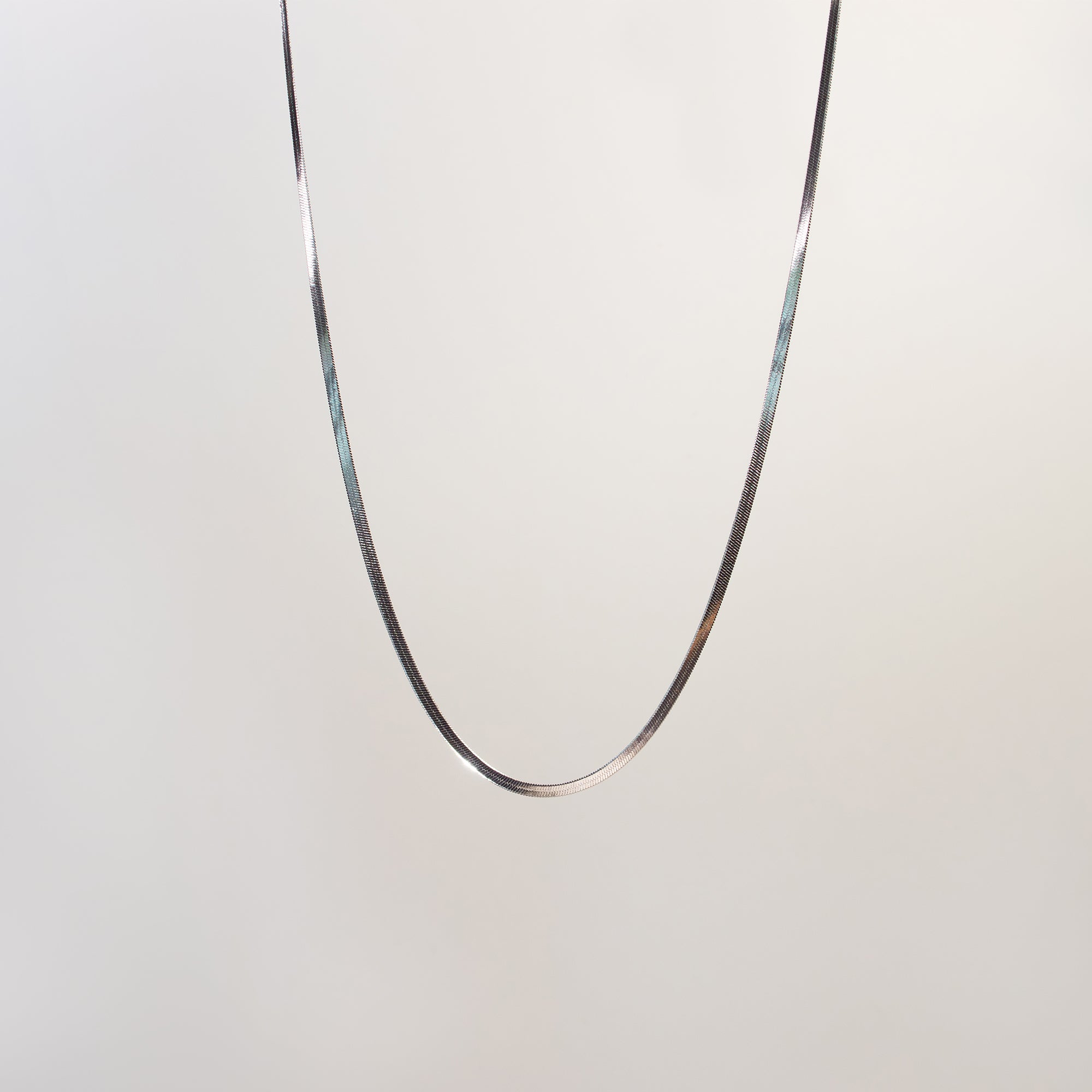 Saga Flat Snake Chain Necklace silver stainless steel flat lay — Tamola Jewellery